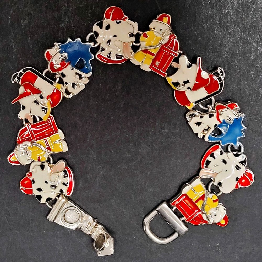 🐶Cute Enameled FIRE STATION DALMATION DOG Charm Magnetic Clasp 7.5" Bracelet